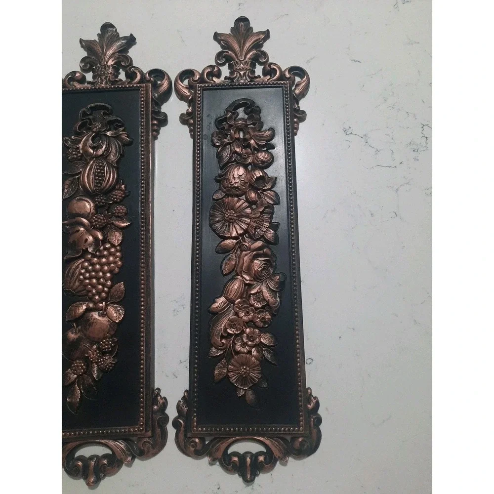 Syroco Wall Plaques Vintage 1970 MCM 2 Black - Bronze Flowers & Fruits 7221 7222